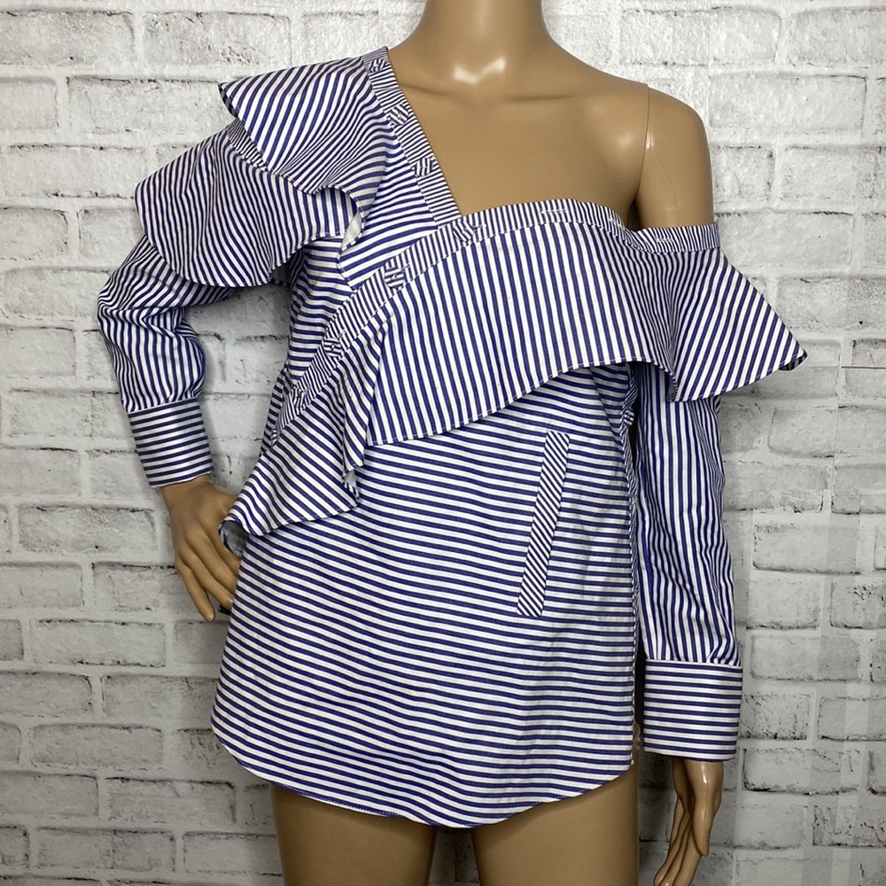 Self Portrait striped asymmetrical frill shirt - Picture 2 of 7